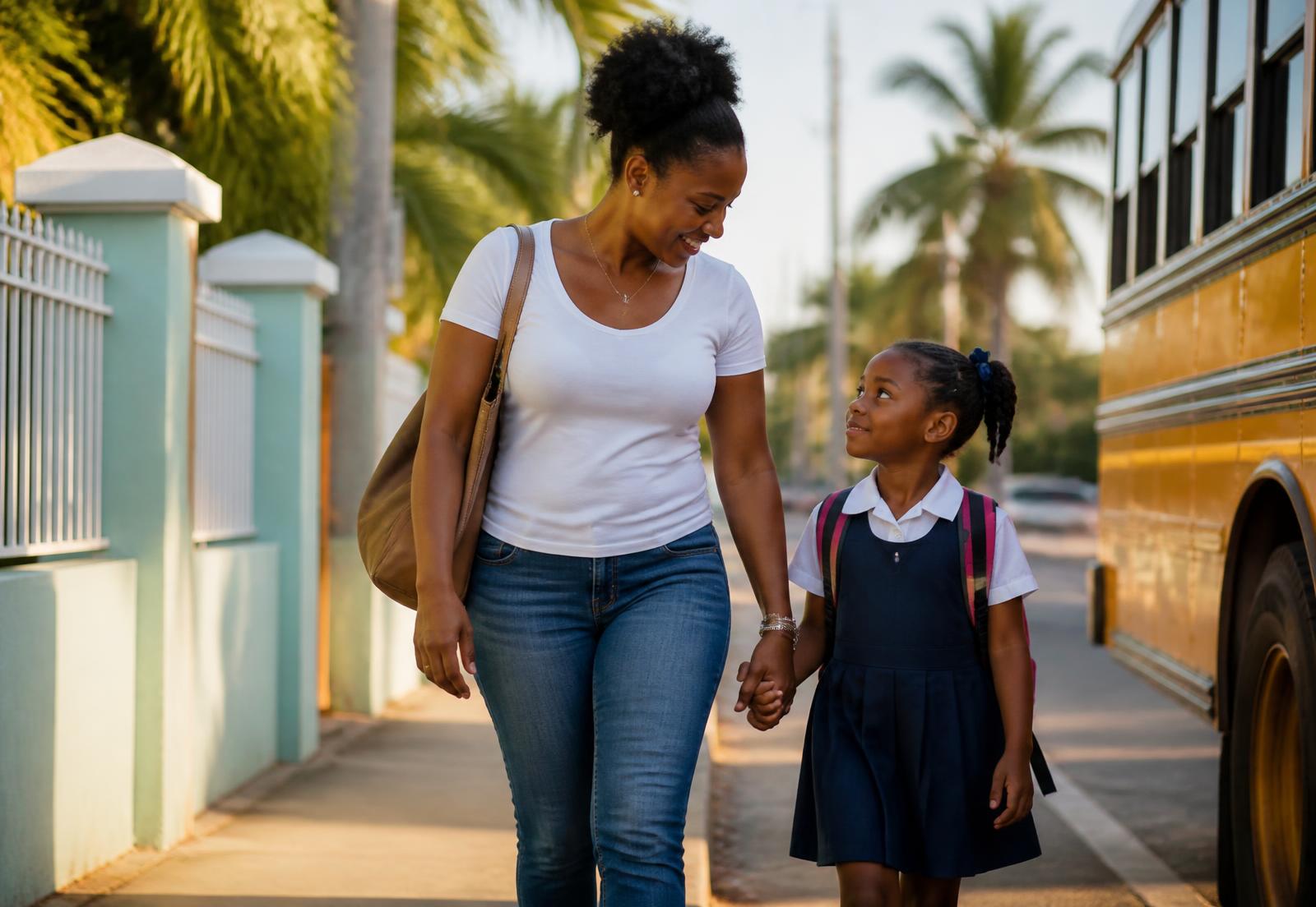 A mother walking her daughter to the school bus on a sunny morning